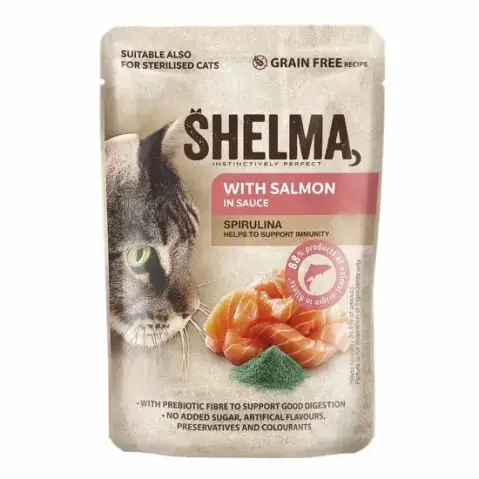 SHELMA Cat losos se spirulinou v omáčce, kapsa 85 g